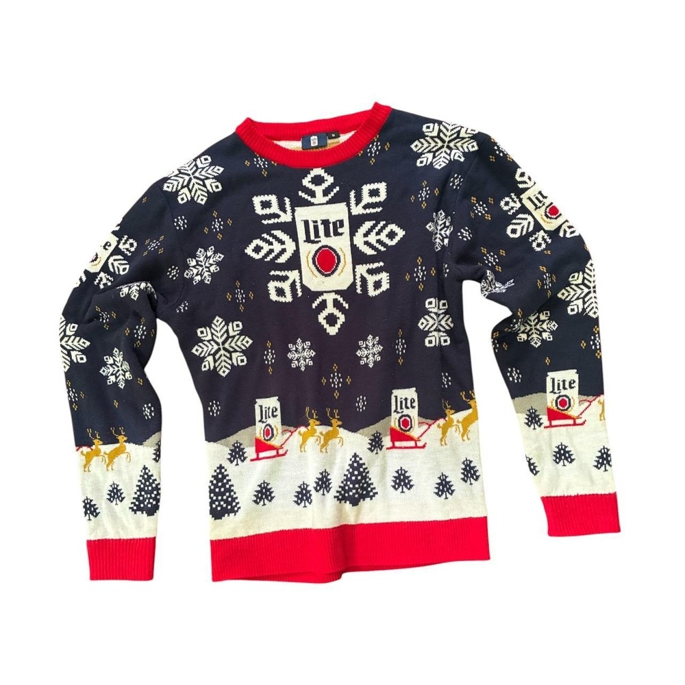 Miller Lite Christmas Sweater Mens Medium Navy Holiday Reindeer Beer Graphic